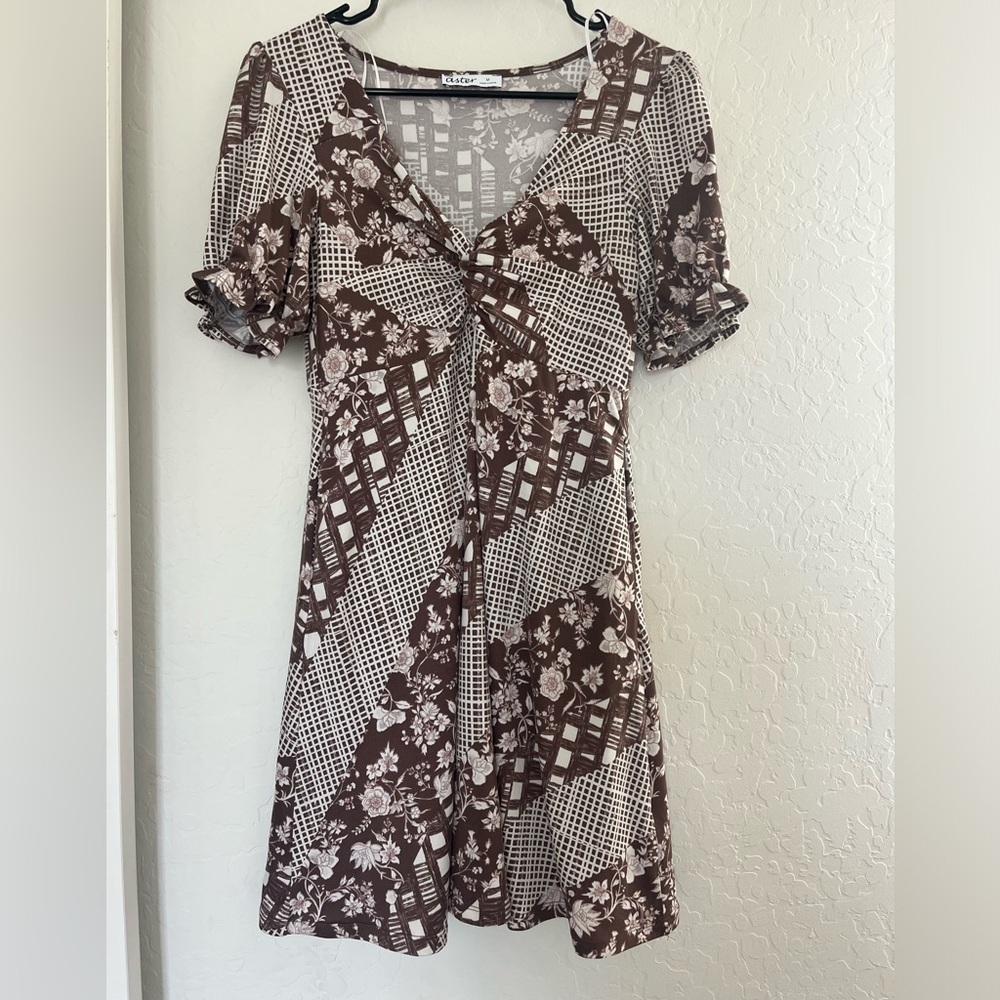 Aster women’s dress brown white floral checkered design artsy pockets‎ medium